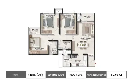 3 BHK + 2t Plan